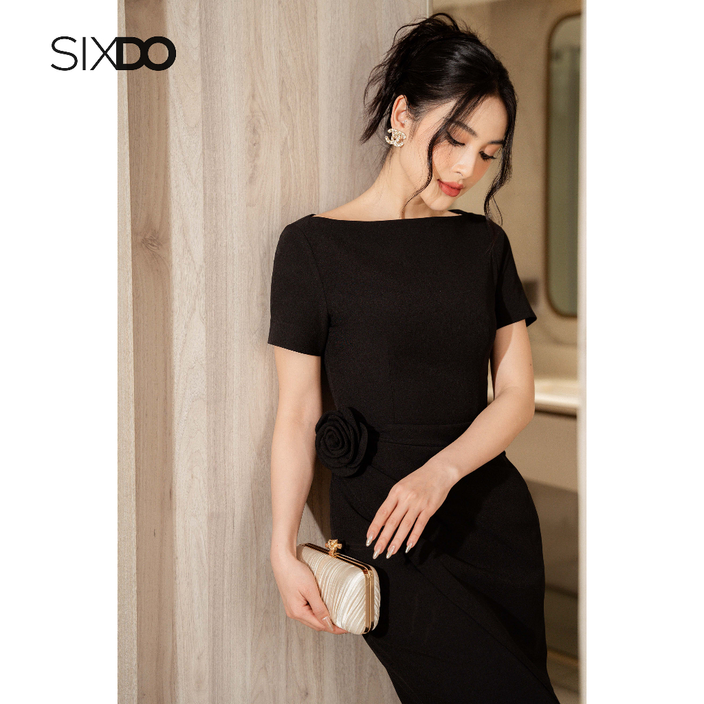 Đầm woven dáng bút chì cổ thuyền phối hoa eo thời trang SIXDO (Black Sabrina Collar Midi Woven Dress)