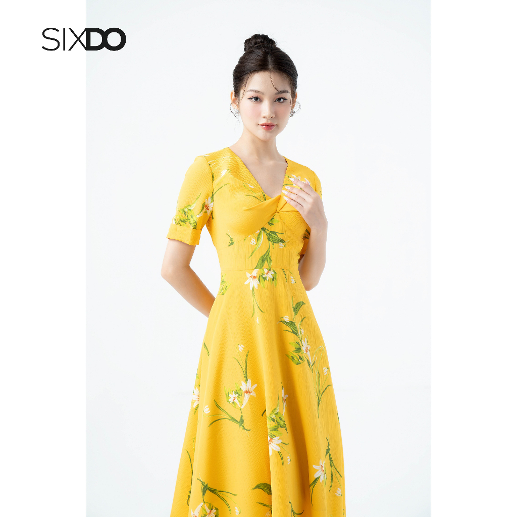 Đầm midi voan hòa vàng dáng xòe cổ V tạo kiểu thời trang SIXDO (Yellow Lily Midi Dress)