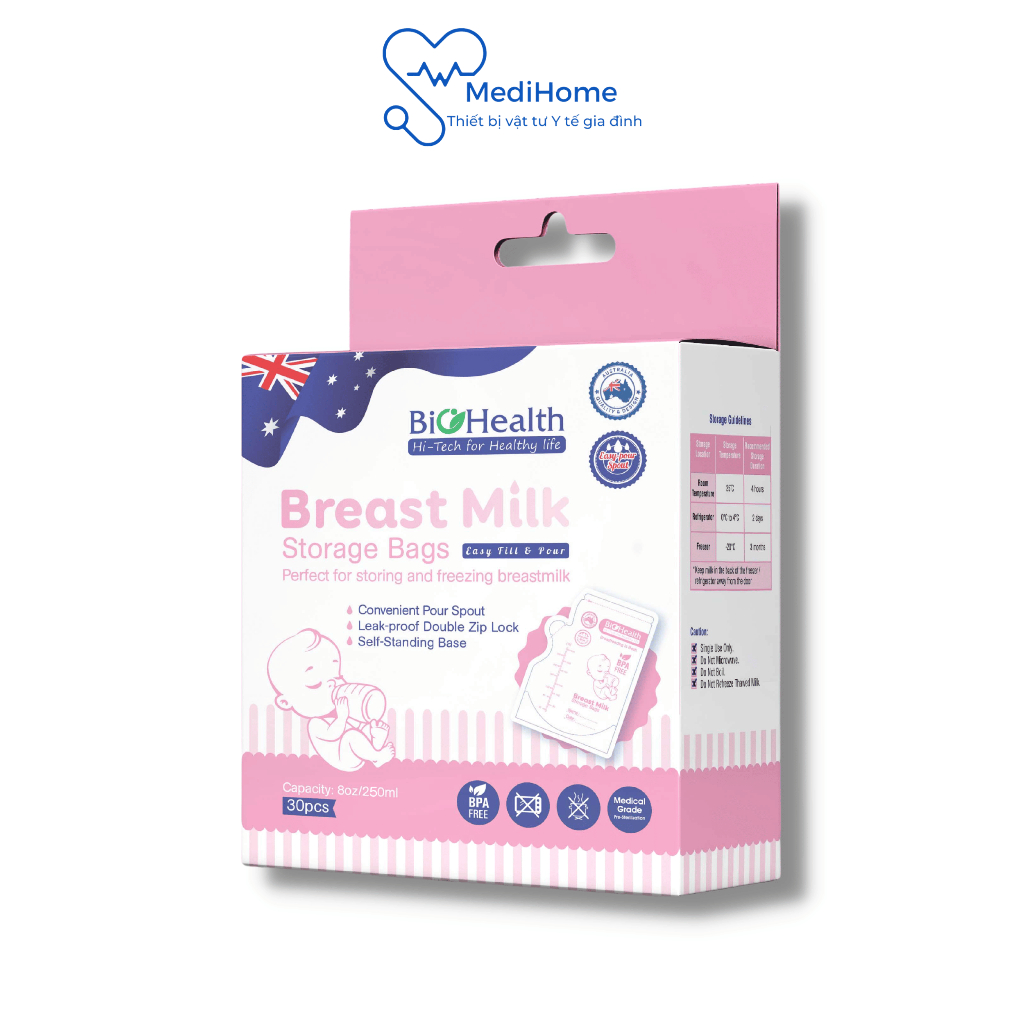 Túi trữ sữa BioHealth vật liệu không chứa BPA an toàn đạt tiêu chuẩn FDA hộp 30 túi đựng sữa 150ml/250ml - MediHome