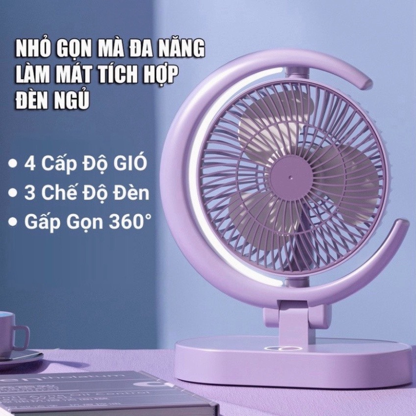 Quạt Để Bàn Tích Điện Mini 4 Cấp Độ Gió, Động Cơ Không Tiếng Ồn Với Mức Pin Khủng Tích Hợp Đèn Ngủ Hiện Đại