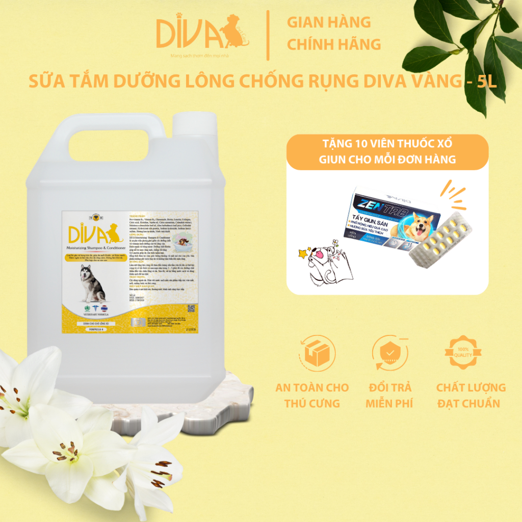SỮA TẮM CHÓ DƯỠNG LÔNG GIẢM RỤNG DIVA VÀNG 5L