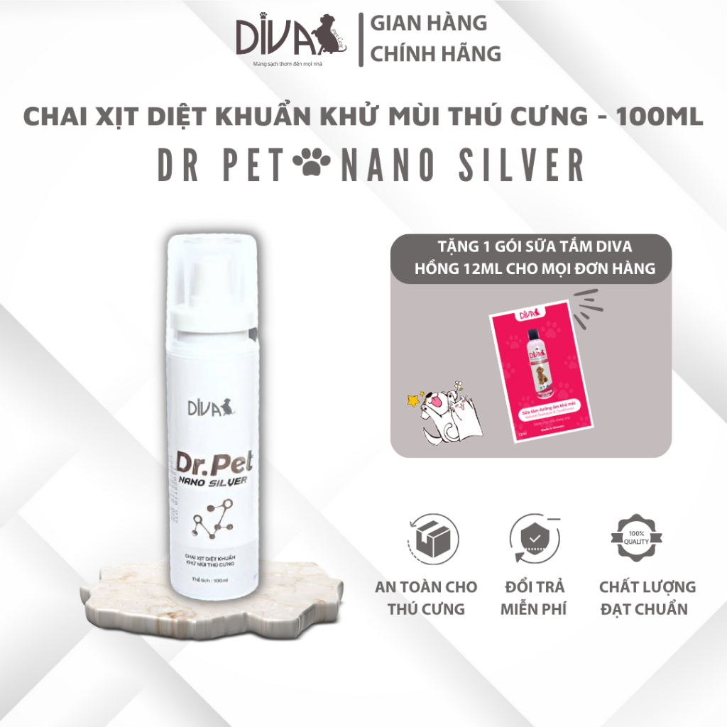 CHAI XỊT KHỬ MÙI NANO BẠC CHO THÚ CƯNG DIVA DR.PET 100ML