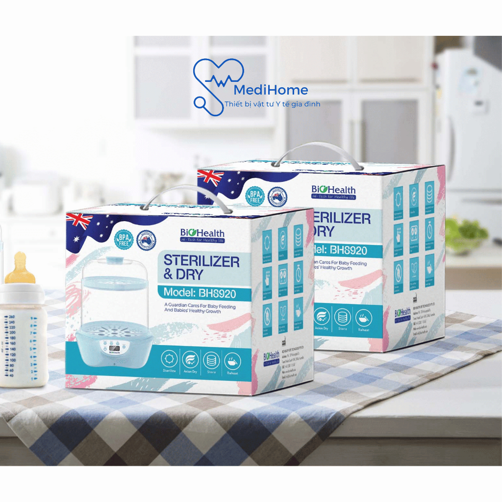 Máy tiệt trùng, sấy khô bình sữa BioHealth BH8920 - khử khuẩn đến 99,99% - MediHome