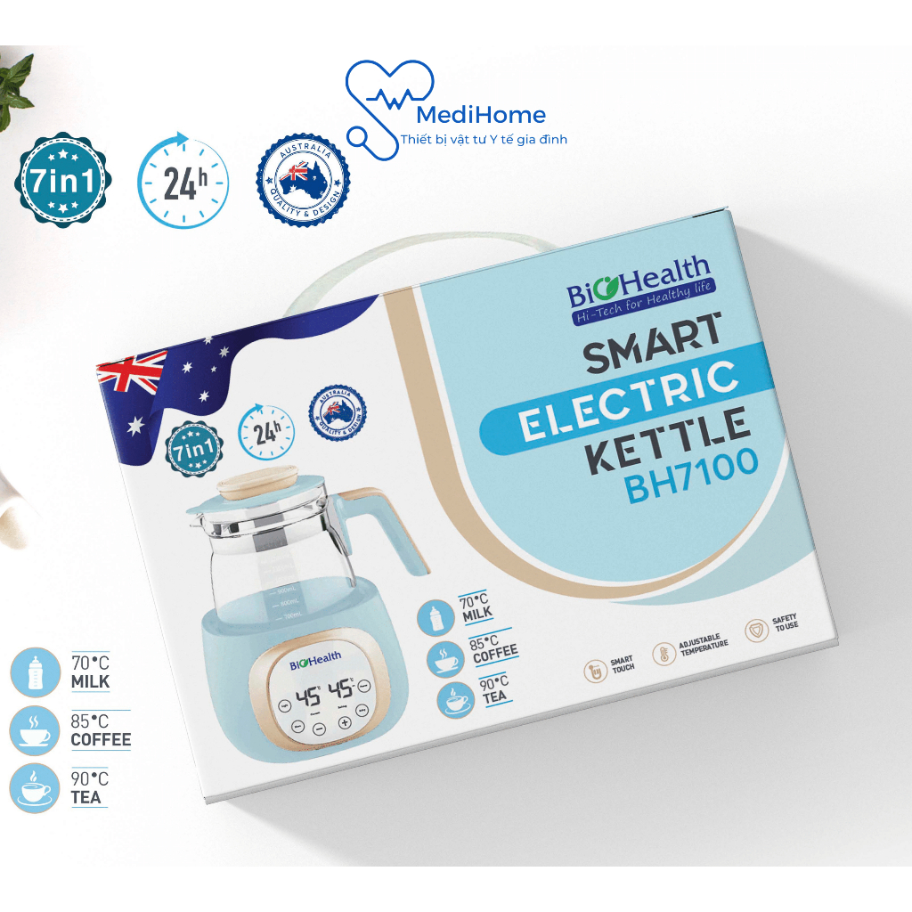 Ấm đun nước, bình đun nước đa năng Biohealth BH7100 hâm sữa pha trà pha cafe với chế độ riêng cho mẹ và bé - MediHome