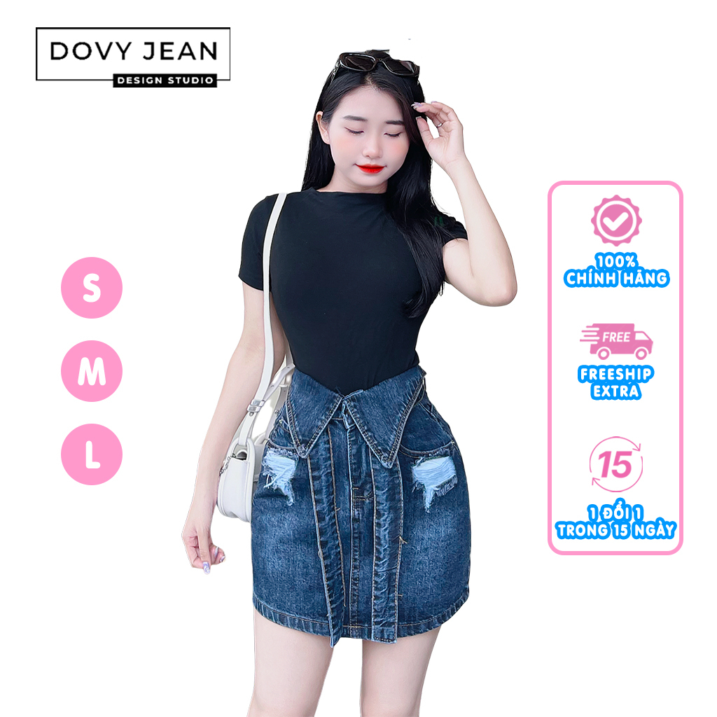 Chân váy jean nữ DOVYJEAN chân váy ngắn dáng chữ a lưng cao thiết kế siêu xinh style Hàn Quốc Q.83307 | BigBuy360 - bigbuy360.vn