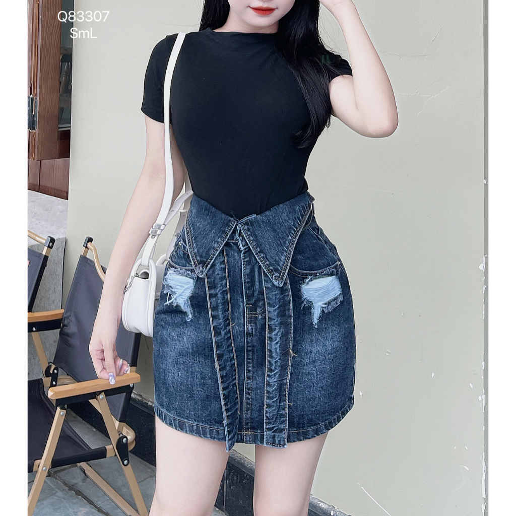 Chân váy jean nữ DOVYJEAN chân váy ngắn dáng chữ a lưng cao thiết kế siêu xinh style Hàn Quốc Q.83307 | BigBuy360 - bigbuy360.vn