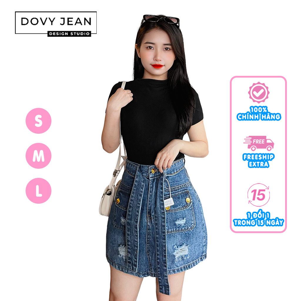 Chân váy jean nữ DOVYJEAN chân váy ngắn dáng chữ a lưng cao thiết kế siêu xinh style Hàn Quốc Q.83372 | BigBuy360 - bigbuy360.vn