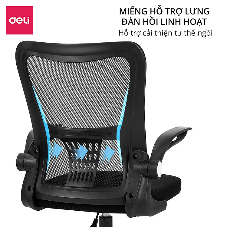 Ghế Xoay Văn Phòng Ngồi Làm Việc Công Thái Học Deli Tay Gập Thông Minh, Có Ngả Lưng, Lưới Thoáng Khí, Chân Xoay Tiện Ích