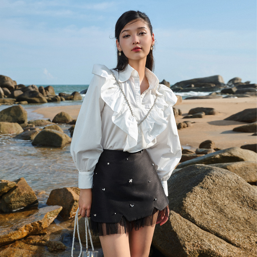 DARLING.ISM - Chân váy đính đá phối dập li Valerie skirt vải bố kim tuyến