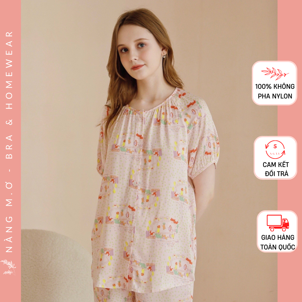 Bộ đồ mặc nhà nữ pyjamas áo cộc quần dài siêu mềm mát viscose tự nhiên cao cấp cổ tròn họa tiết Circus