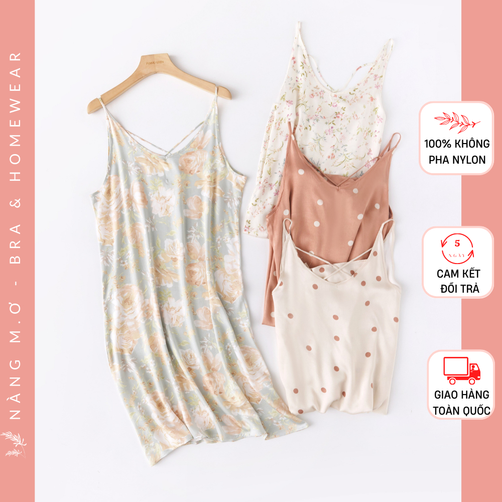 Váy ngủ mặc nhà 2 dây mềm mát viscose tự nhiên cổ V dây chéo nhiều màu