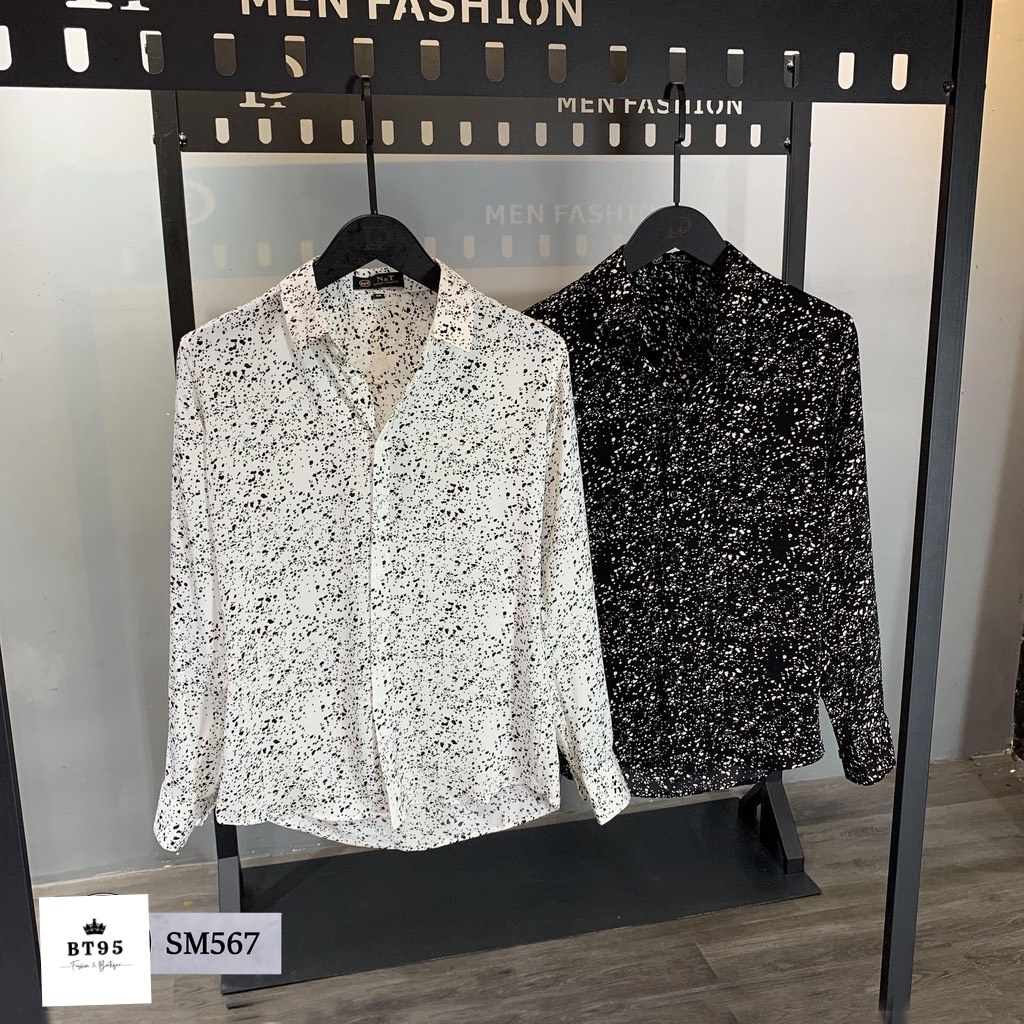 Áo sơ mi nam vải lụa dài tay chấm bi, kiểu dáng hàn quốc