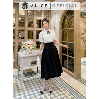  Set Áo Sơ Mi Chân Váy Dài ALICE Đồ Công Sở Tay Phồng Xếp Ly Ngực Kèm Chân Váy Cạp Cao Xòe S296 