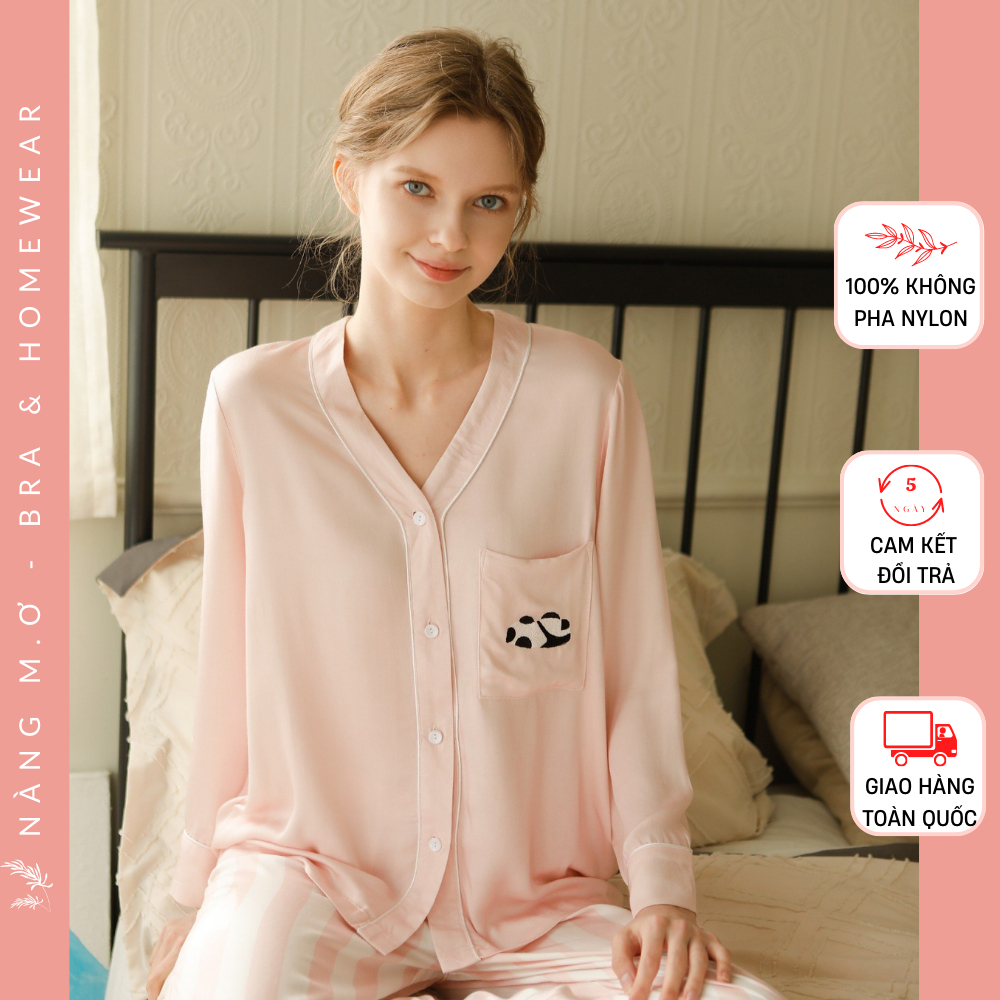 Bộ đồ mặc nhà pyjamas dài tay mềm mát viscose tự nhiên cao cấp họa tiết Panda Alpenliebe dễ thương