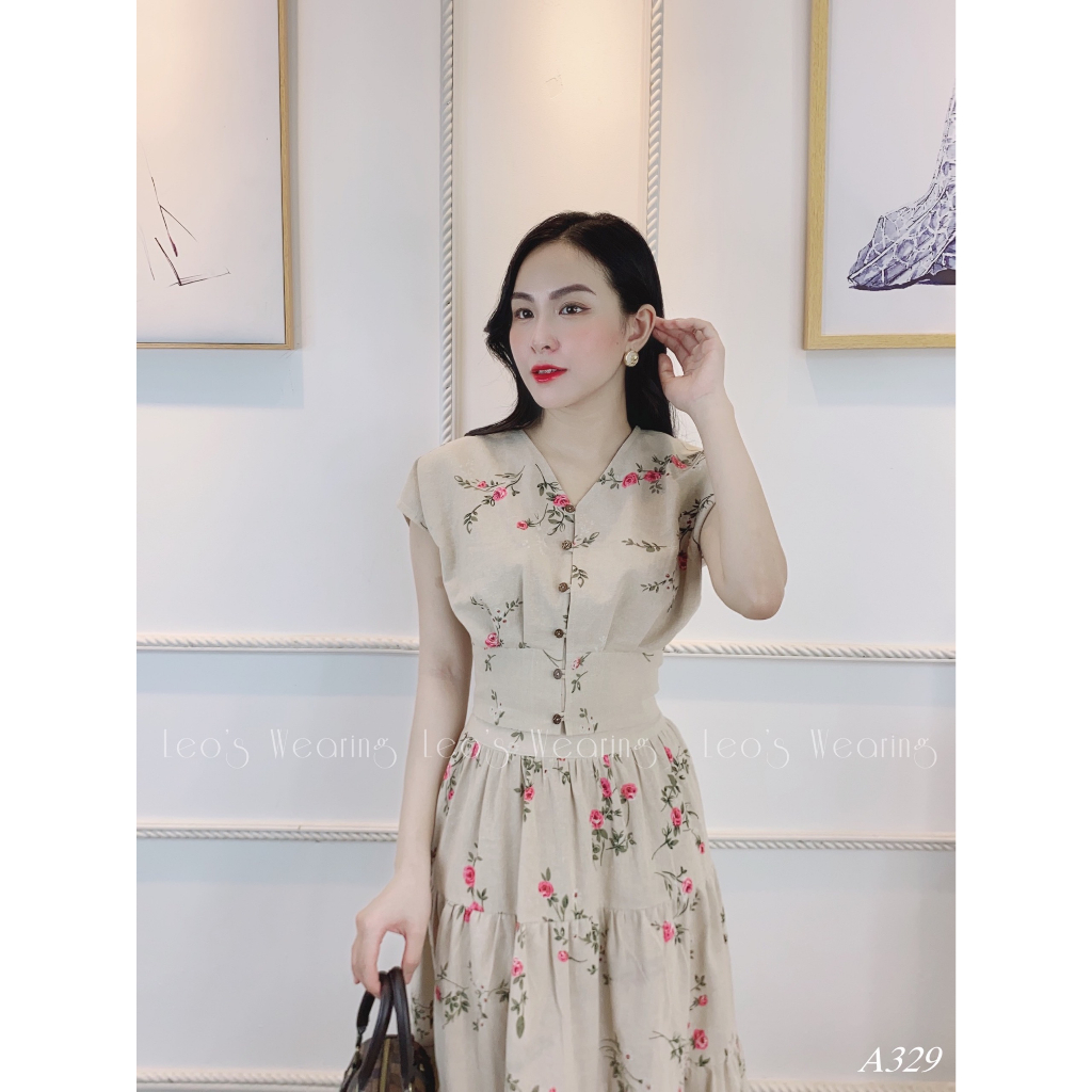 Set váy linen hoa nền be LEOSWEARING chân váy xòe 3 tầng mix áo cổ V A329