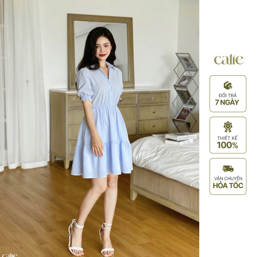 Váy xòe dáng baby doll tay ngắn cổ sơ mi Calie VX124