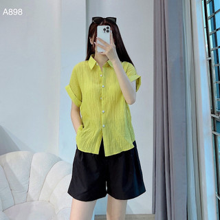 Áo sơ mi nữ, sơ mi cộc tay tơ gân nhật màu cốm A898