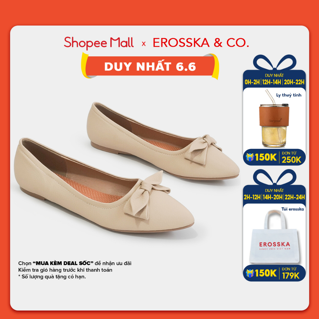 Erosska - Giày búp bê nữ đế bệt mũi nhọn đính nơ xinh xắn màu kem - EF016 - [Form nhỏ tăng 1 size]