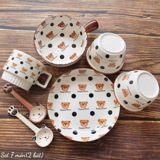 Bộ bát đĩa gốm sứ decor, Chén dĩa dễ thương, Bát ăn cơm, Bát chè siêu xinh Sét gấu nâu Behome xinh yêu