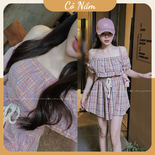 Set Jum Nữ Jumpsuit Nữ Trễ Vai Kẻ Caro Dáng Ngắn Có Quần Lót Trong