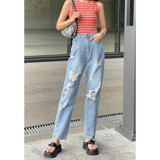 Quần Jean Nữ Dáng Baggy 2 nút, quần jean dáng dài baggy trơn