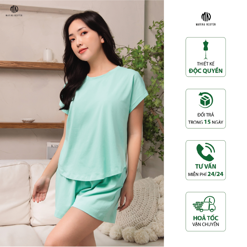Đồ Bộ Nữ MARINA NGUYỄN, Cổ tròn, Tay Ngắn, Vải Cotton mịn, Thoáng Mát 323-007