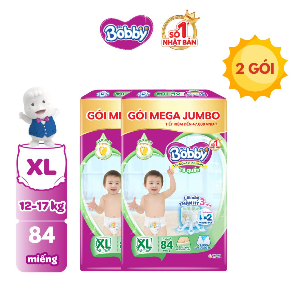 Bộ 2 Tã quần Bobby Lõi nén thần kỳ 3mm Gạo non Mega Jumbo M112/L96/XL84/XXL76