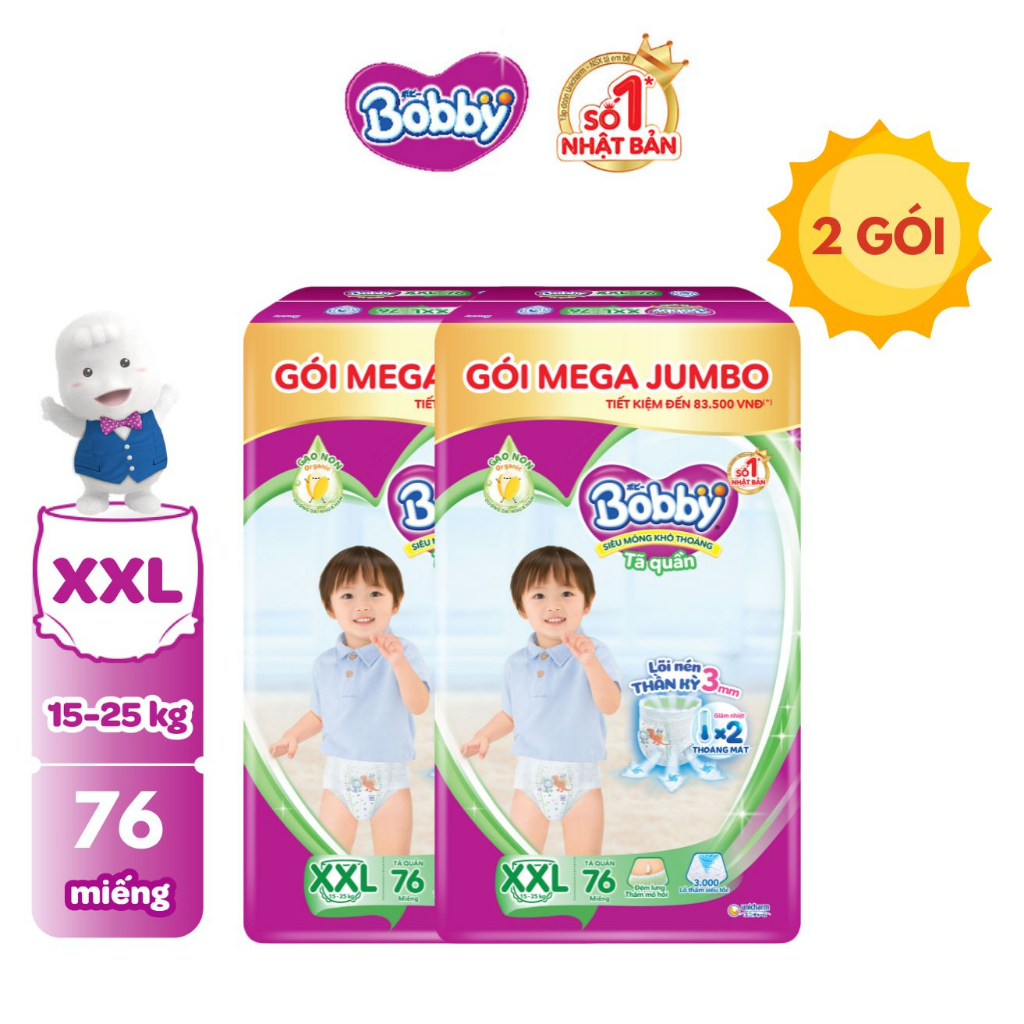 [V] Bộ 2 Tã quần Bobby Lõi nén thần kỳ 3mm Gạo non Mega Jumbo M112/L96/XL84/XXL76