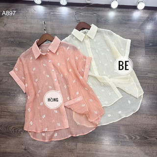 Áo sơ mi nữ công sở, sơ mi cộc tay tơ gân thêu hoa A897