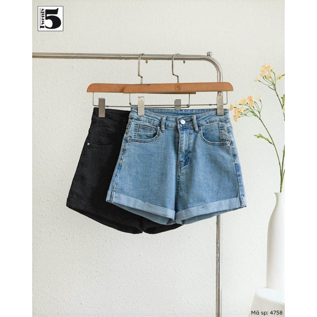 Quần short jeans nữ Twentyfive cạp cao gập gấp túi thêu 4758