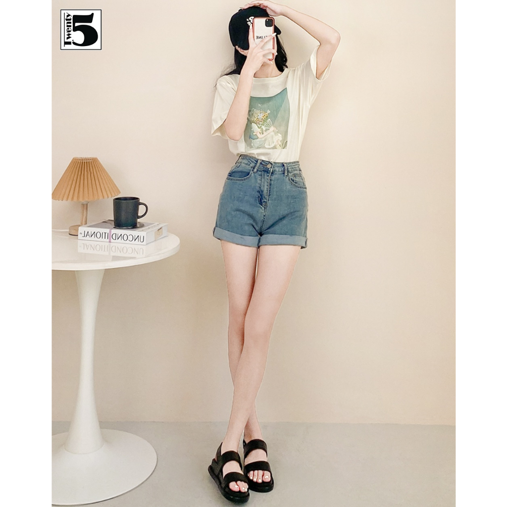 Quần short jeans nữ Twentyfive cạp cao gập gấp túi thêu 4758