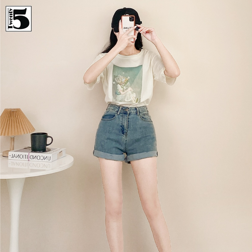 Quần short jeans nữ Twentyfive cạp cao gập gấp túi thêu 4758