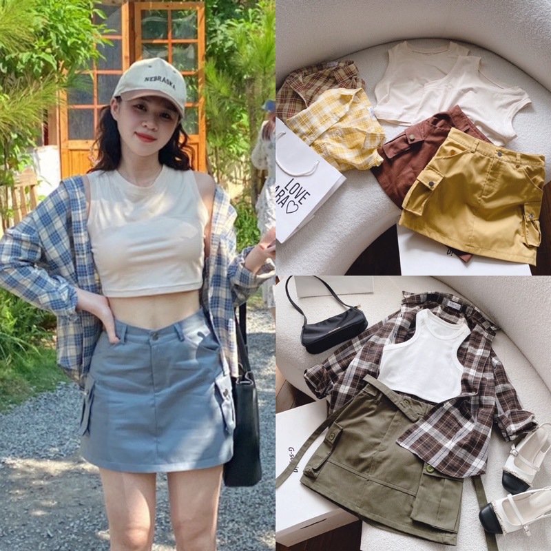 SET KHOÁC SƠ MI CARO + ÁO CROPTOP BA LỖ + CHÂN VÁY TÚI HỘP XANH NÂU VÀNG