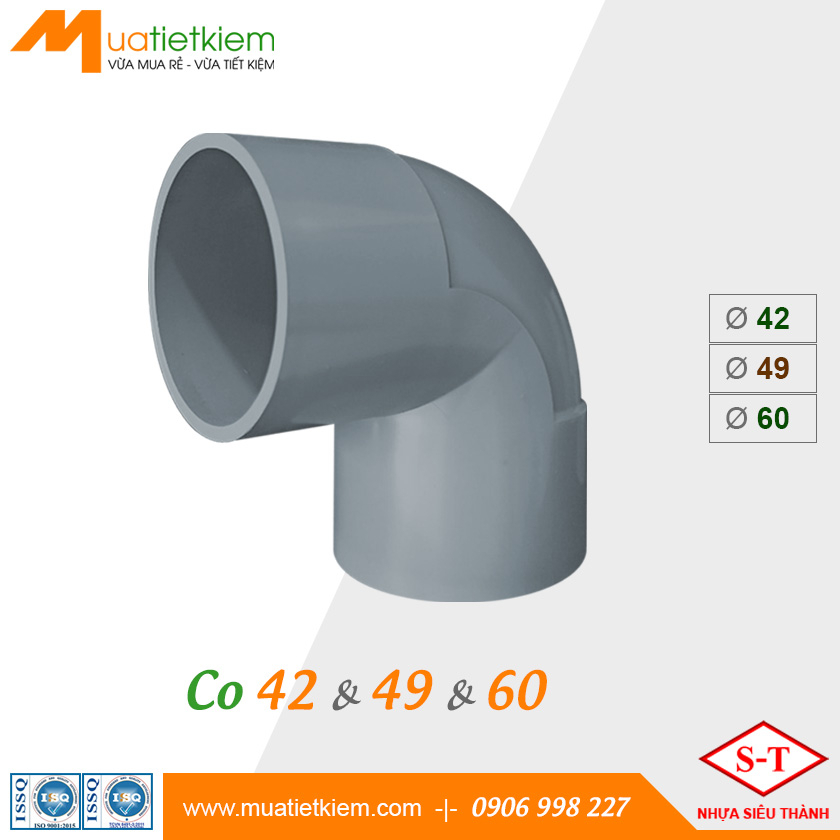 Co PVC phi 42, 49, 60, phụ kiện uPVC nhựa Siêu Thành