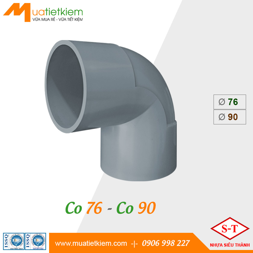 Co PVC phi 76, 90, phụ kiện uPVC nhựa Siêu Thành