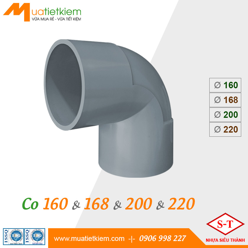 Co PVC phi 160, 168, 200, 220, phụ kiện uPVC nhựa Siêu Thành