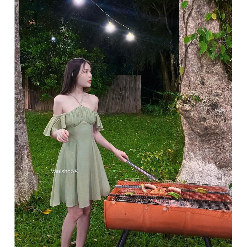 Váy Xốp Tằm Cổ Yếm Hở Vai 3 Màu Siêu Xinh Hàng 2 Lớp Dáng Xoè, Đầm Nữ Thiết Kế Có Ảnh Thật