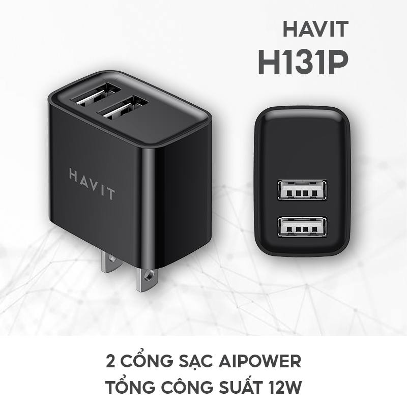 Cốc Sạc 2 Cổng HAVIT H131P, Ai Power, Công Suất Tối Đa 12W - Hàng Chính Hãng (Đen)