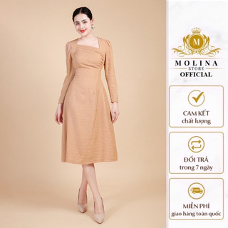 Đầm Dự Tiệc Molina Dáng Xoè, Ngực Xếp Ly Tay Dài, Chất Liệu Lụa Xốp Nhẹ Mát, Cổ Vuông Thanh Lịch Sang Trọng