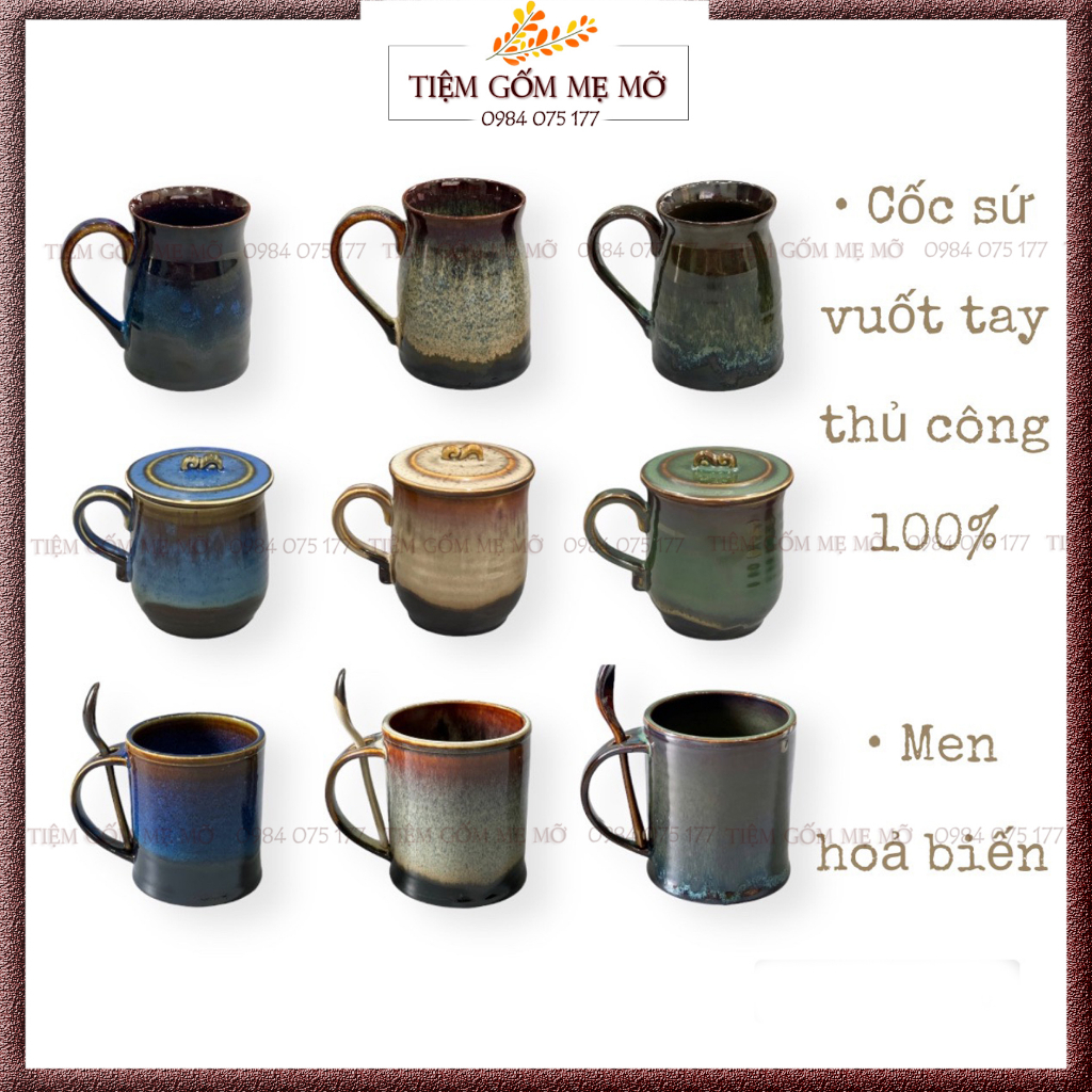 Ca Cốc có quai có nắp hàng vuốt tay thủ công men hỏa biến gốm sứ Bát Tràng