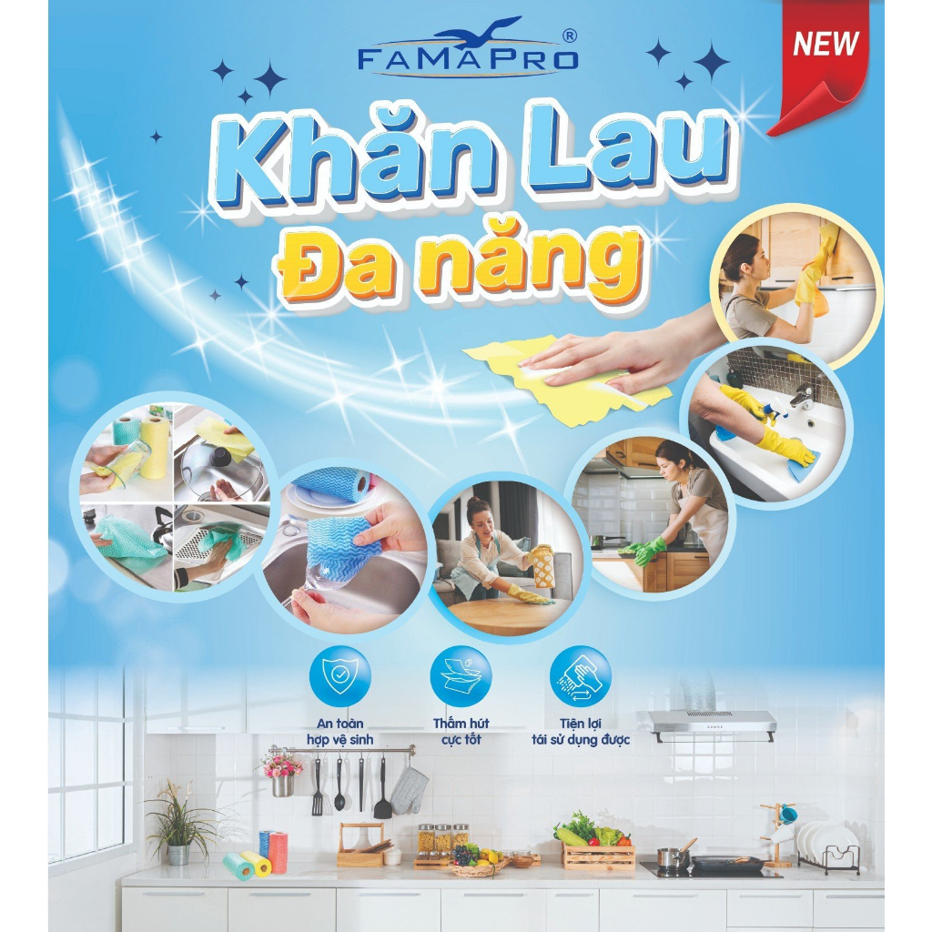 Cuộn 50 Khăn Lau Đa Năng Famapro siêu thấm hút kích thước 20x35 cm