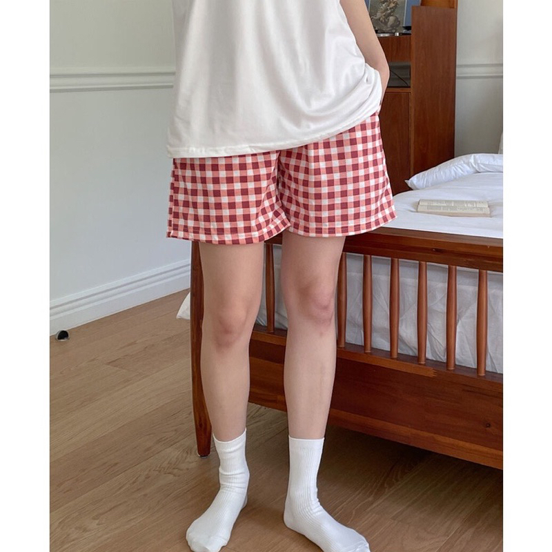 Quần đùi nữ mặc nhà -bigsize  🌸FREESHIP 🌸 Quần short nữ -ống rộng lưng thun caro đỏ trắng vải ford dễ thương mặc nhà