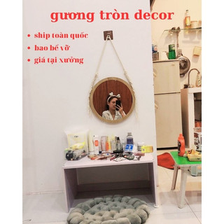 Gương tròn treo tường ,gương viền gỗ decor  bàn trang điểm phòng tắm tặng full phụ kiện dây thừng đường kính 60cm