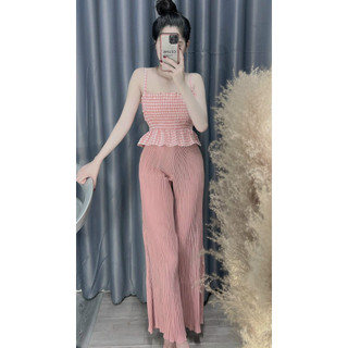 Set tiểu thư nữ hai dây dập ly, áo nữ phối caro cúp ngực chạy moking phối quần dài rộng dập ly
