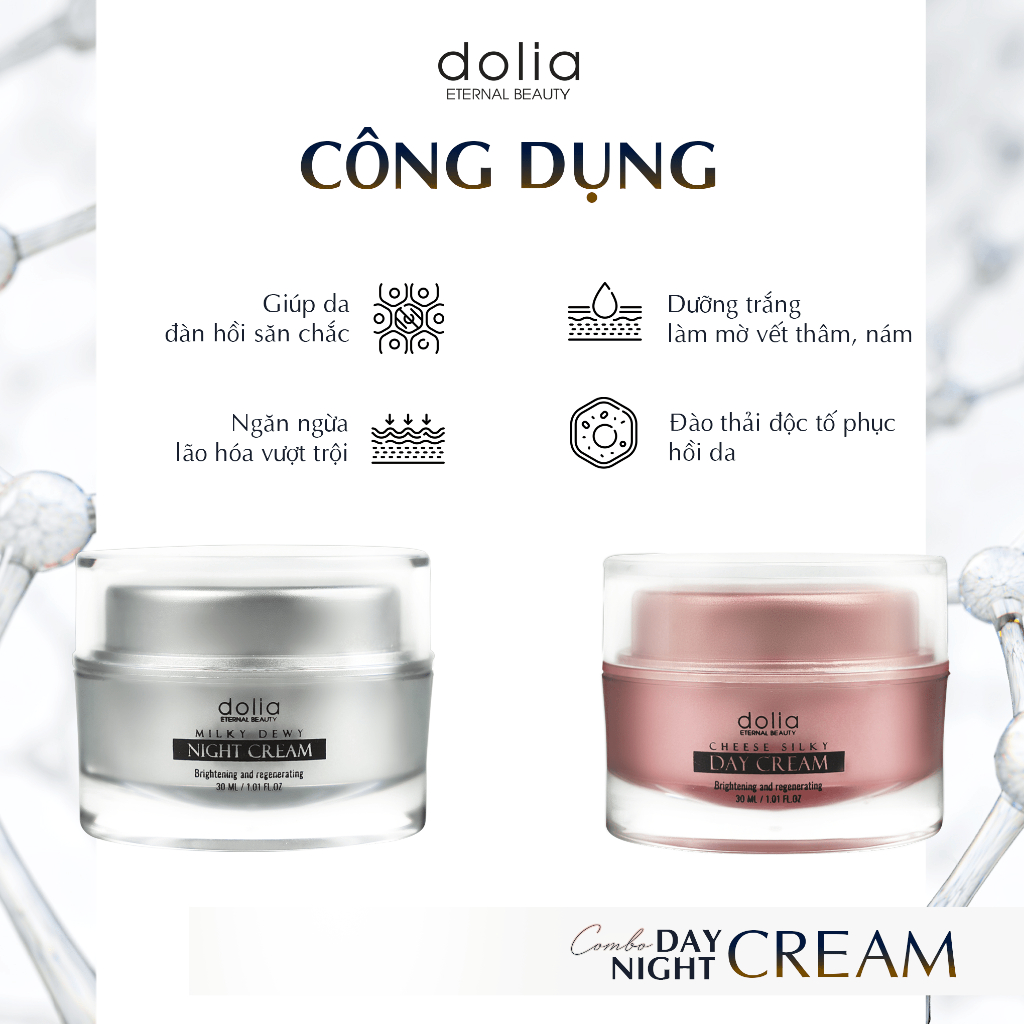 Combo kem dưỡng da ban ngày Dolia và kem dưỡng da ban đêm Dolia chống lão hóa, phục hồi da, giảm thâm nám 6ml