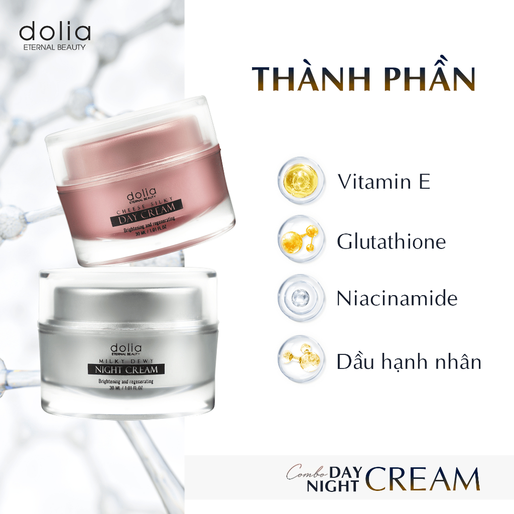 Combo kem dưỡng da ban ngày Dolia và kem dưỡng da ban đêm Dolia chống lão hóa, phục hồi da, giảm thâm nám 6ml
