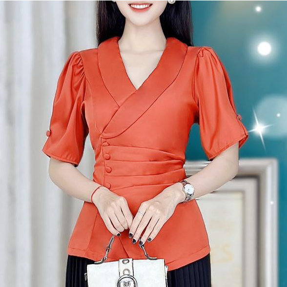 Áo peplum cổ vest eo chun lưng giấu bụng 4N bọc CHUU A9267