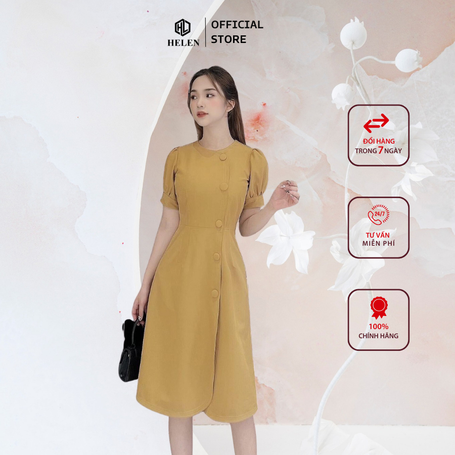 Đầm công sở HELEN thiết kế dáng A màu vàng DL46