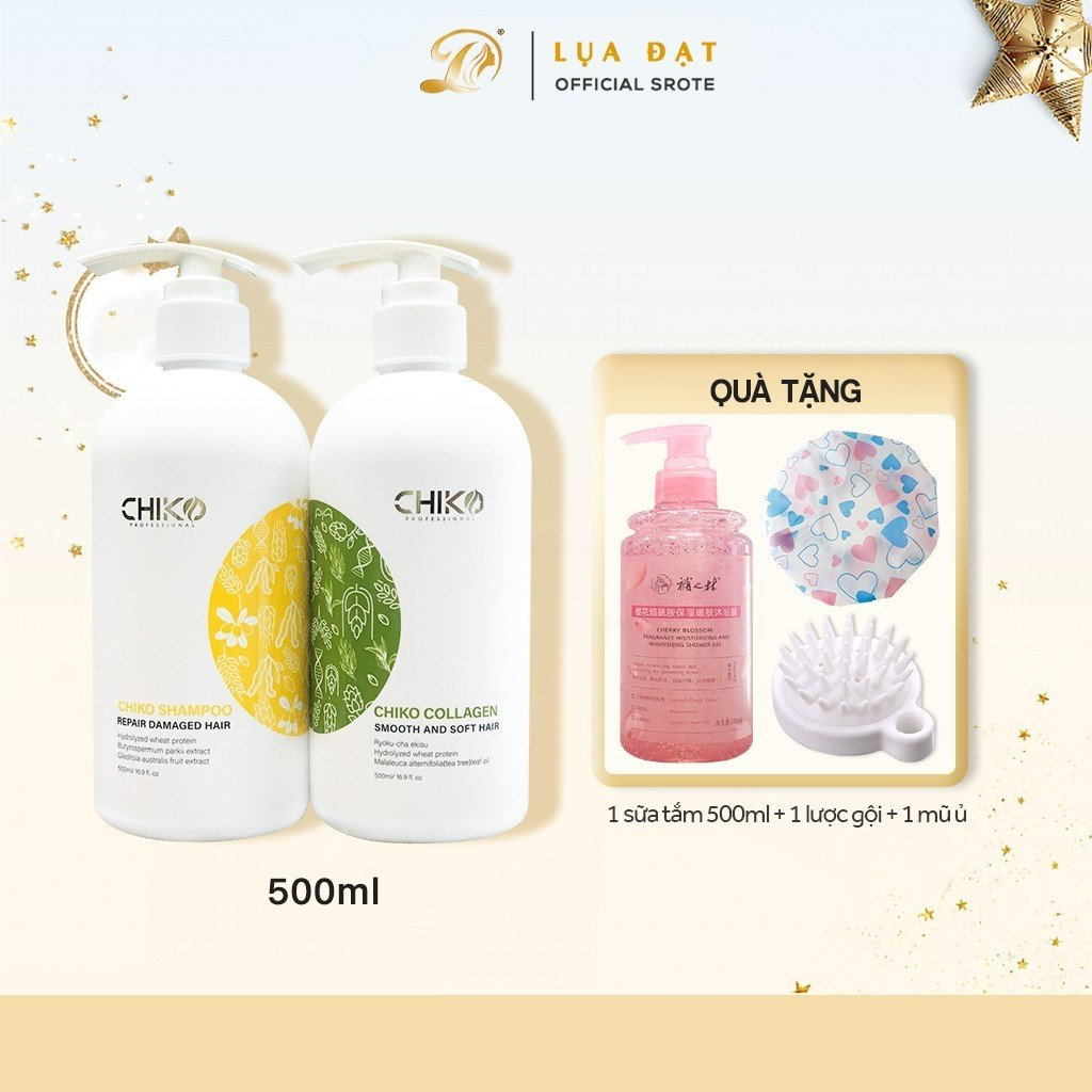 Cặp dầu gội-Dầu Hấp collagen Chiko,siêu phục hồi tóc hư tổn 500ml (có quà tặng)