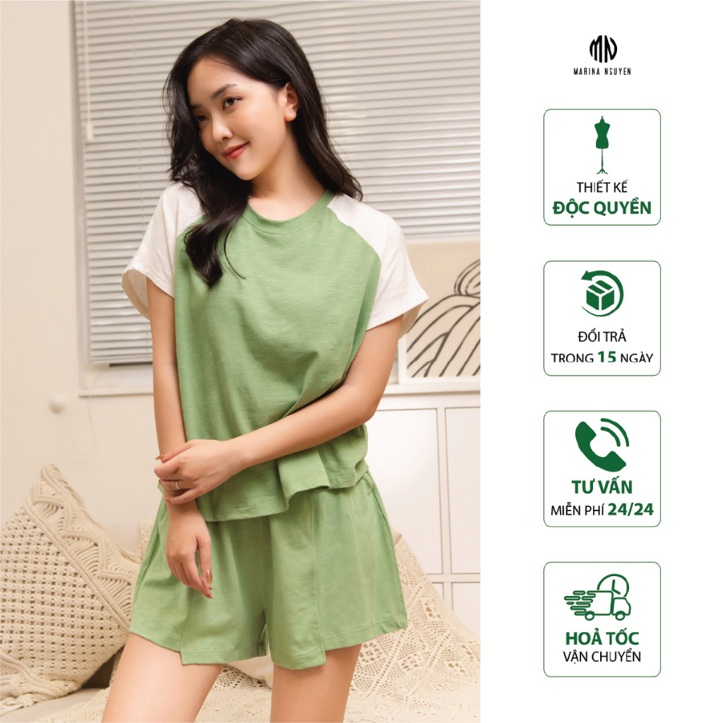 Đồ Bộ Nữ MARINA NGUYỄN, Cổ tròn, Tay Ngắn, Vải Cotton xước, Thoáng Mát 323-019